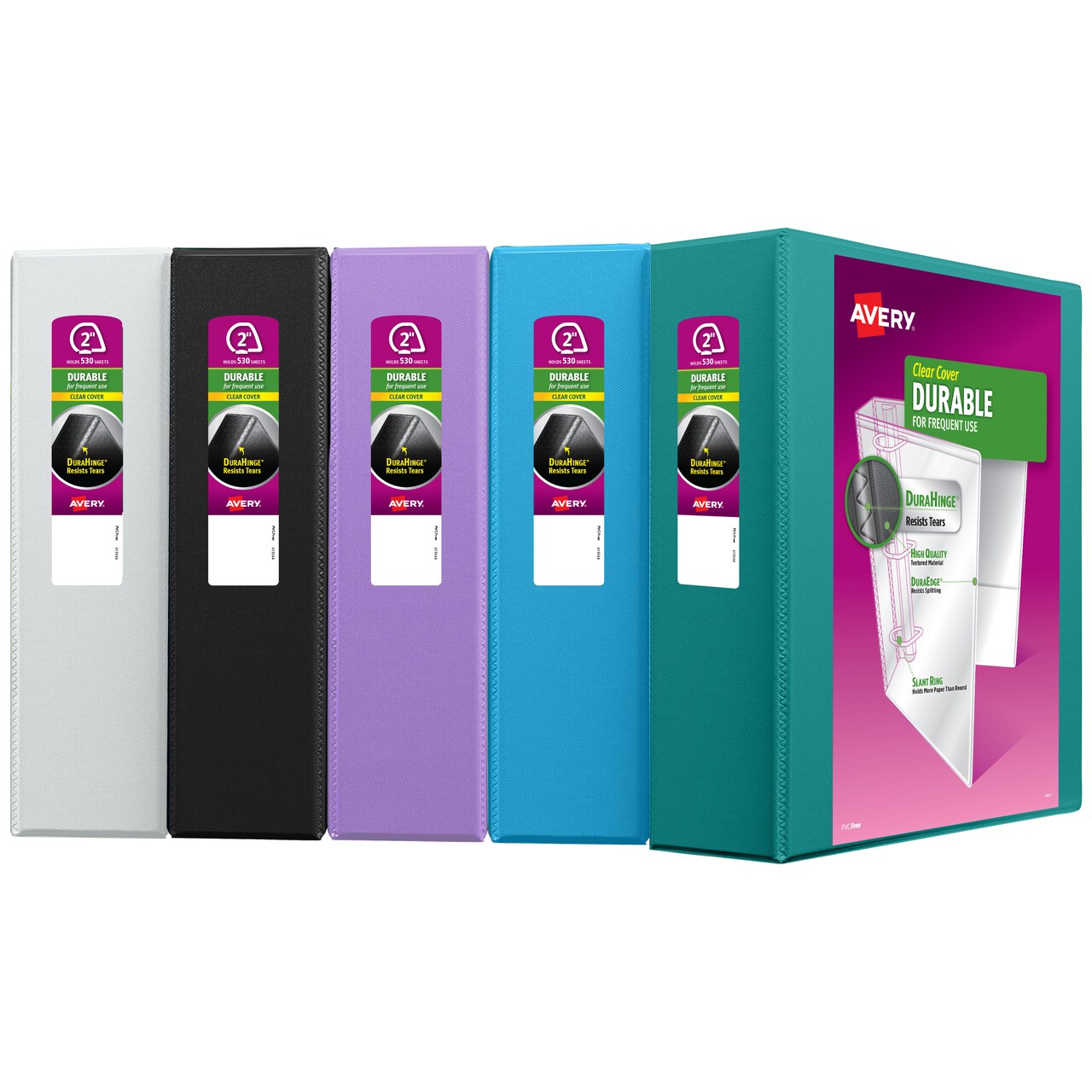 Avery Durable View 3 Ring Binders, 2 Inch Slant Rings, 530-Sheet Capacity, DuraHinge, 2.8 Inch Wide Spine, Color Received Will Vary: Black, Bright Blue, Teal, Lavender, or White, 1 Binder (17038)